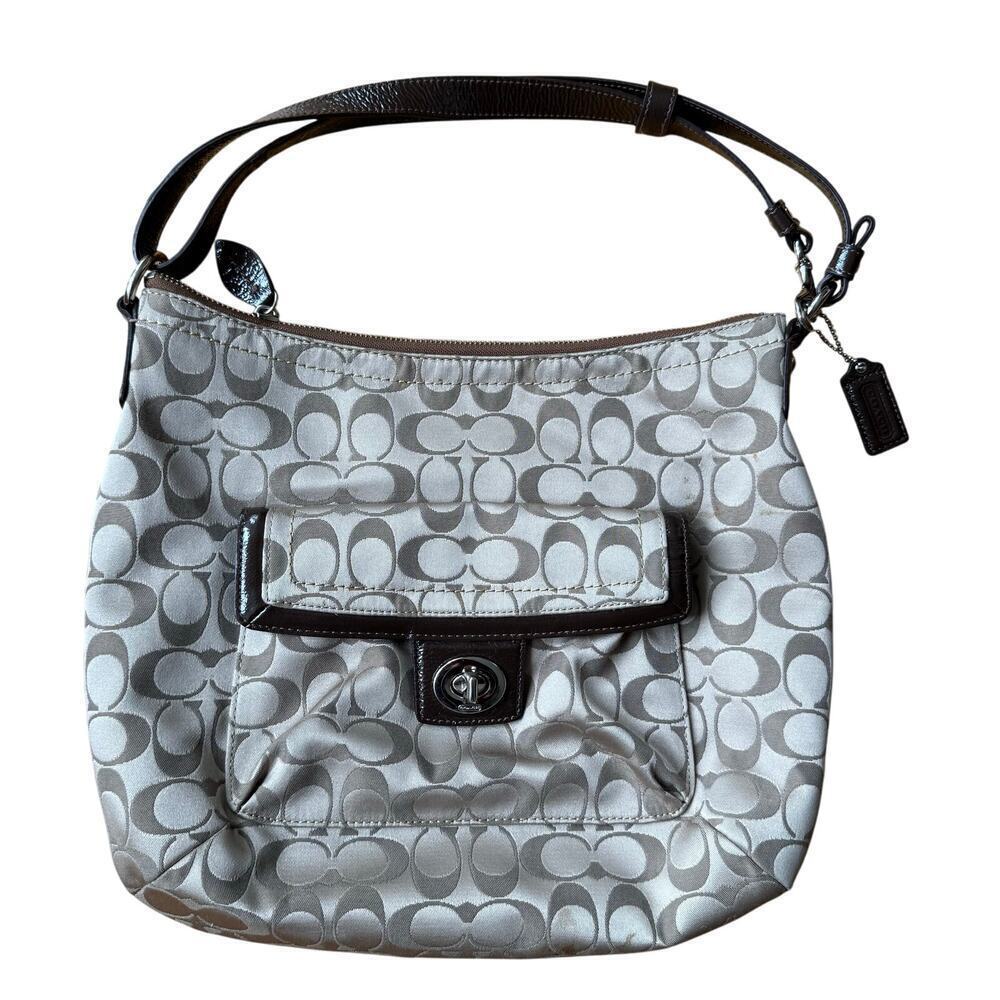 Coach Penelope Convertible Signature Sateen Brown Khaki Hobo Bag Purse F19232